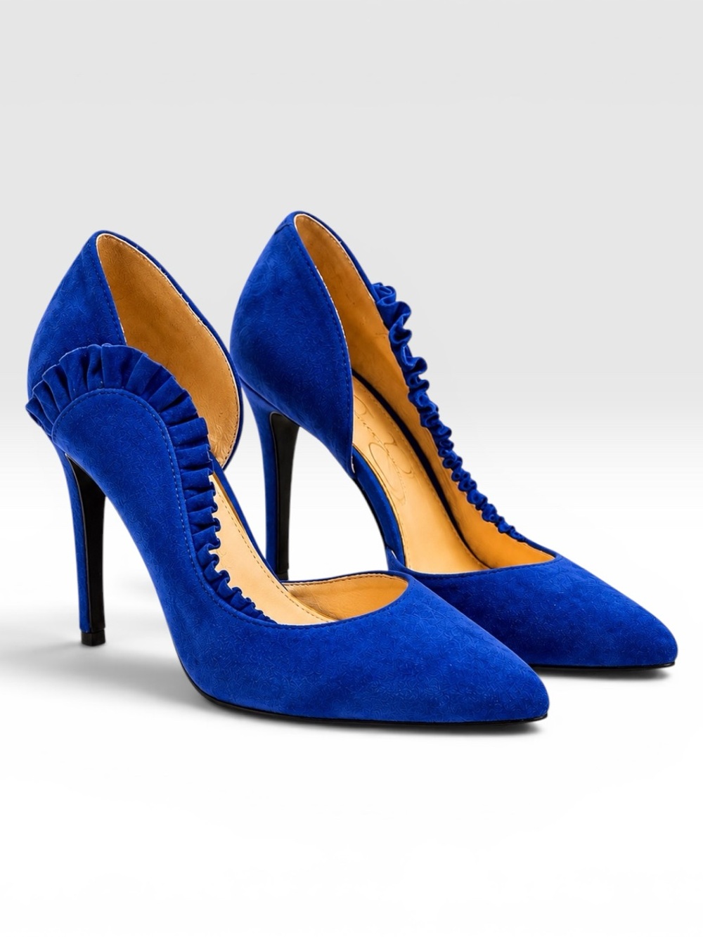 Jessica Simpson Royal Blue Suede Ruffle D'Orsay Pointed Toe Stiletto Pumps 6